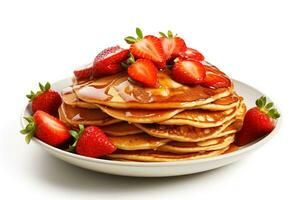 Strawberry pancakes and syrup isolated on white background.Generative Ai. photo