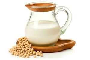 Soy milk in wooden bowl isolated on white background.Generative Ai. photo