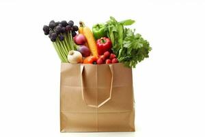 Shopping bags with fruits and vegetables isolated on white background.Generative Ai. photo