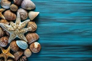 Shells and star fish on a wooden blue background.Generative Ai. photo