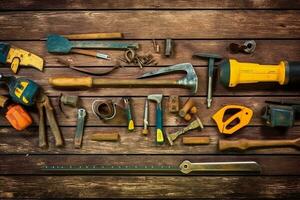Labor day tools and equipment for working on the construction site.Generative Ai. photo