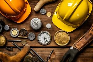 Labor day tools and equipment for working on the construction site.Generative Ai. photo