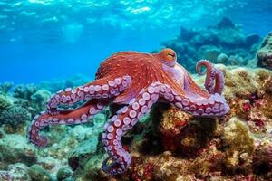 Red Octopus on coral reef in the Sea.Generative Ai. photo