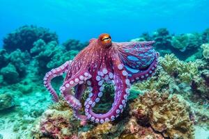 Red Octopus on coral reef in the Sea.Generative Ai. photo