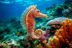 Seahorses on coral reefs in the sea.Generative Ai. photo