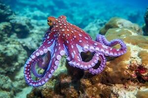 Red Octopus on coral reef in the Sea.Generative Ai. photo