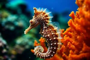 Seahorses on coral reefs in the sea.Generative Ai. photo