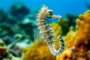 Seahorses on coral reefs in the sea.Generative Ai. photo