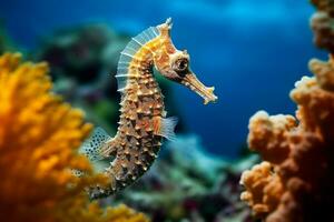 Seahorses on coral reefs in the sea.Generative Ai. photo