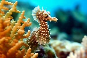 Seahorses on coral reefs in the sea.Generative Ai. photo