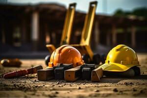 Labor day tools and equipment for working on the construction site.Generative Ai. photo