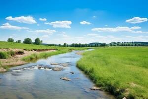 río con campo en azul cielo fondo.generativo ai. foto