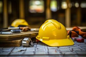 Labor day tools and equipment for working on the construction site.Generative Ai. photo