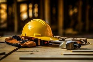 Labor day tools and equipment for working on the construction site.Generative Ai. photo