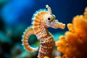 Seahorses on coral reefs in the sea.Generative Ai. photo