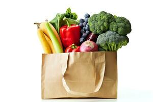 Shopping bags with fruits and vegetables isolated on white background.Generative Ai. photo