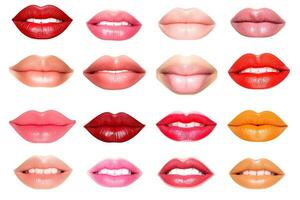 Set of mouths with beautiful make-up isolated on white background.Generative Ai. photo