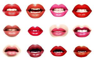 Set of mouths with beautiful make-up isolated on white background.Generative Ai. photo