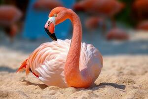 Beautiful flamingos on the sandy beach.Generative Ai. photo