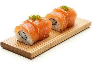 Sushi salmon Rolls,wooden board isolated on White background.Generative Ai. photo