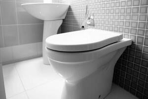 White toilet bowl in the bathroom.Generative Ai. photo