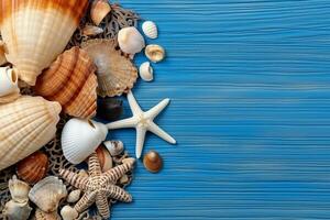 Top view Seashells,star fish on blue wooden background.Generative Ai. photo