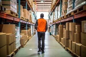 Employee walks to inspect the quality of parcels in the warehouse.Generative Ai. photo
