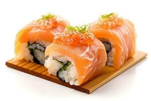 Sushi salmon Rolls,wooden board isolated on White background.Generative Ai. photo