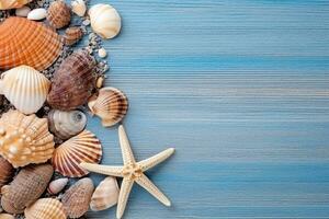 Top view Seashells,star fish on blue wooden background.Generative Ai. photo