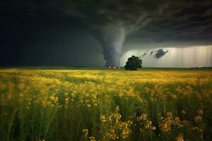 Tornado in the meadow.Generative Ai. photo