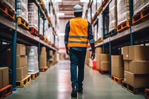 Employee walks to inspect the quality of parcels in the warehouse.Generative Ai. photo