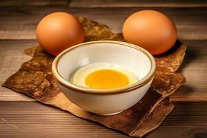 Egg on ceramic bowl  wooden background.Generative Ai. photo