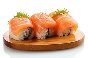 Sushi salmon Rolls,wooden board isolated on White background.Generative Ai. photo