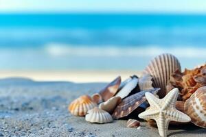 Seashells,star fish on sea background.Generative Ai. photo
