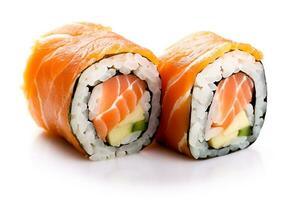 Sushi salmon Rolls,wooden board isolated on White background.Generative Ai. photo