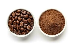 Top view of ground coffee powder and coffee seed isolated on white background.Generative Ai. photo