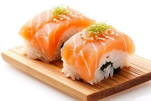 Sushi salmon Rolls,wooden board isolated on White background.Generative Ai. photo