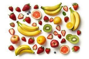 Mixed fruit, orange, banana,kiwi,apple, berry, avocado, strawberry isolated on white background.Generative Ai. photo