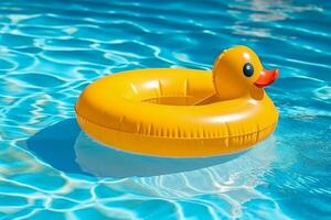 Rubber ring duck shaped float in a pool.Generative Ai. photo