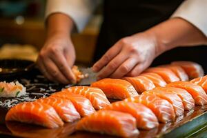 Chef preparing salmon sushi rolls on the table.Generative Ai. photo