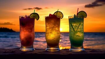 Colorful cocktails on tropical beach with sunset.Generative Ai. photo