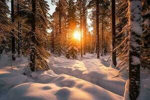 invierno bosque nieve con amanecer.generativo ai. foto