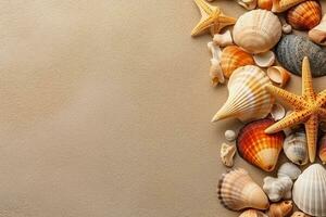 Beautiful seashells,star fish, on sand beach.Generative Ai. photo