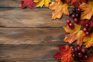 Autumn leaves on old wooden background.Generative Ai. photo