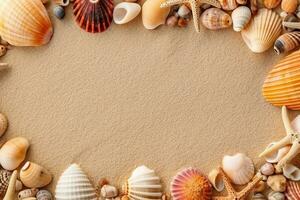 Beautiful seashells,star fish, on sand beach.Generative Ai. photo
