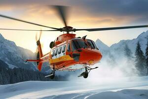 Snow mountain rescue helicopter is taking off.Generative Ai. photo