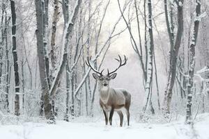 Raindeer in the snow forest.Generative Ai. photo