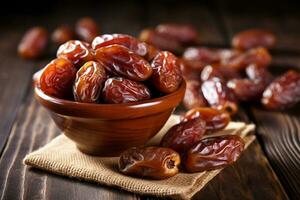 Dried dates fruits on wooden table background.Generative Ai. photo