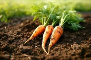 Carrots on soil with morning time in the garden background.Generative Ai. photo