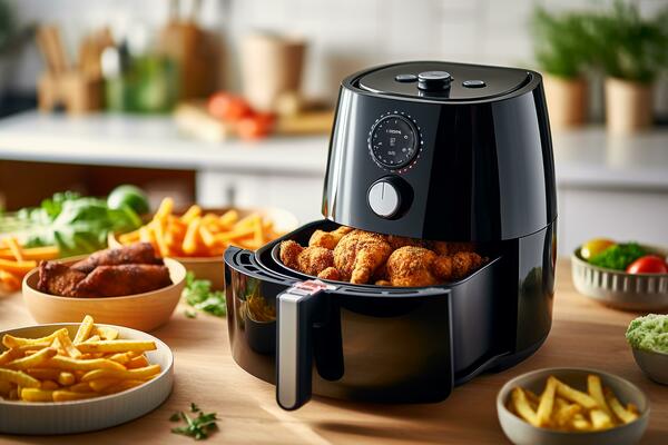 Air fryer or free oil machine with french fries on basket with small plant  and wooden table of the modern interior design kitchen, illustration created  by generative AI. ilustración de Stock